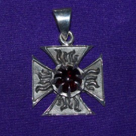 Gothic Iron Cross With Garnat Stone Silver Pendant